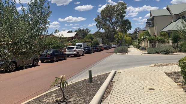 Traffic was blocked through Joondalup as cars lined up for the drive-through COVID-19 clinic.