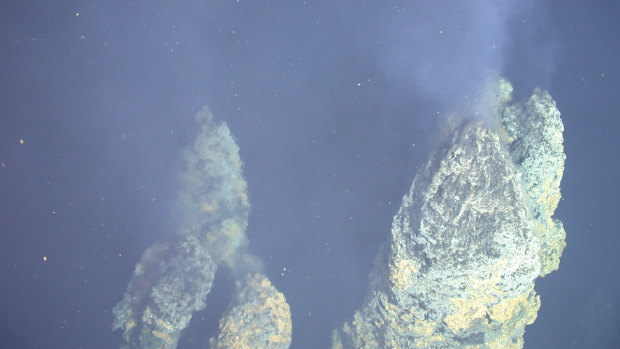 This image shows a hydrothermal vent chimney spewing out hydrothermal fluids.