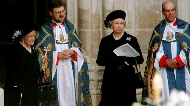 The Queen Mother (left) and the Queen (second from right) at the funeral of the Princess of Wales.