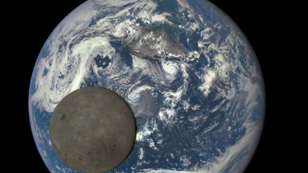 A view of the Moon as it passes between the spacecraft and Earth.