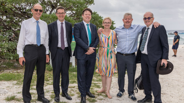 Great Barrier Reef Foundation board members (from left) John Schubert, Geoff Healy, Steve McCann, Anna Marsden, Russell Reichelt and Ove Hoegh-Guldberg at Lady Elliot Island.