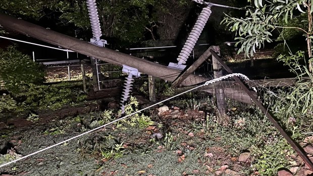 A concrete pole lies snapped at Beaudesert after the storm.