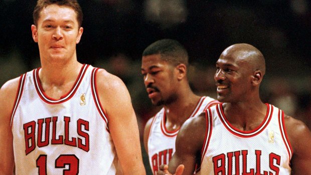 Luc Longley and Michael Jordan pictured in 1997.