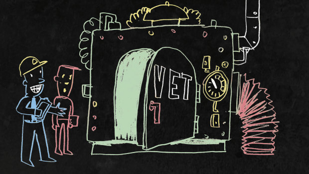 Students looking at a VET machine where money goes in. Vocational education players are under scrutiny and controversies are mounting. Illustration: Simon Bosch