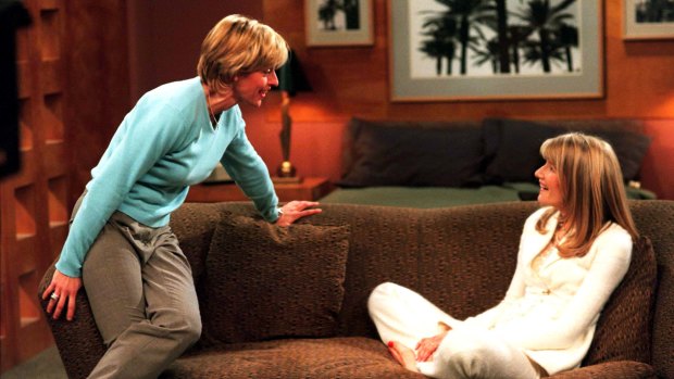 Ellen DeGeneres as Ellen Morgan (left) and Laura Dern as Susan in the "The Puppy" episode of the ABC-TV show "Ellen" which aired April 30, 1997 in the United States.