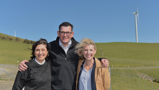 Lily D'Ambrosio,  Daniel Andrews and Sarah De Santis in Ararat to announce a renewable energy auction.