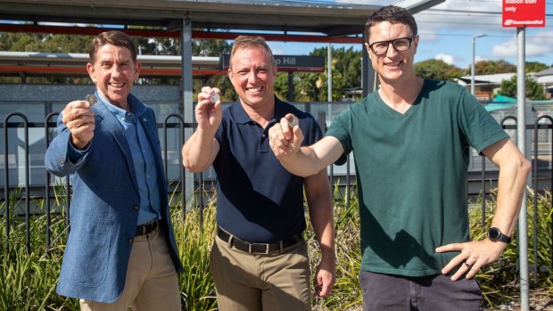 Premier Steven Miles was upfront at his Sunday media conference with deputy Cameron Dick (left), and Transport Minister Bart Mellish (right): we will be seeing a “big campaign” pushing the 50-cent fares.