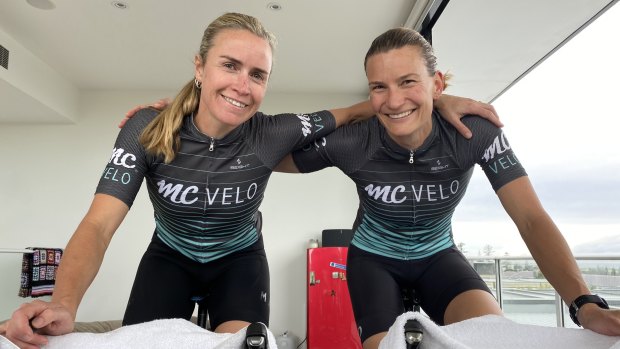 "There's no coasting, no traffic lights to stop at, no chit-chat and you break out in a sweat really quickly": cyclists Holly (left) and Natasha Cogle.