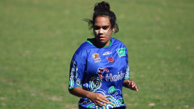 Talia Moreton playing for Canberra’s Indigenous women’s soccer team at the National Indigenous Football Championships.