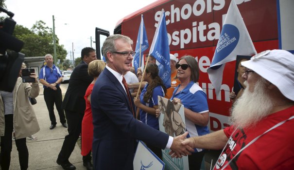 NSW Labor Opposition Leader Michael Daley gets a warm reception from HSU members at Nepean Hospital in Sydney's outer Western suburbs.
