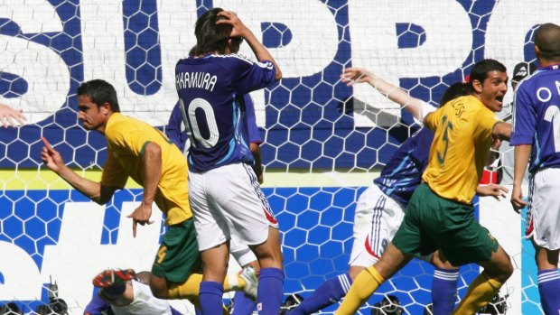 First time: Tim Cahill (left) reacts to scoring Australia's first World Cup goal, against Japan in 2006.