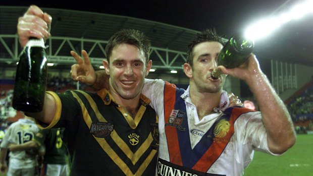 Winners are grinners: Brad Fittler and Andrew Johns celebrate winning the 2001 Ashes at Wigan.