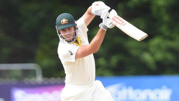 Staking a claim: Mitchell Marsh had a strong game with the bat and the ball in the tour match against Derbyshire.