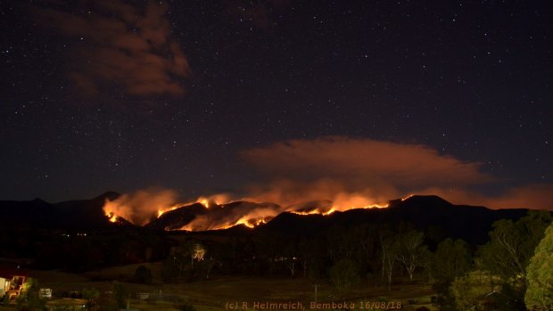 The Bemboka fire burns through bushland on August 17.