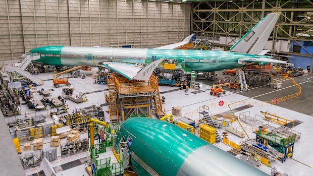 Boeing's first 777X-9, under construction in its factory in  Everett, Washington. The aircraft will take to the air for the first time in 2019. 