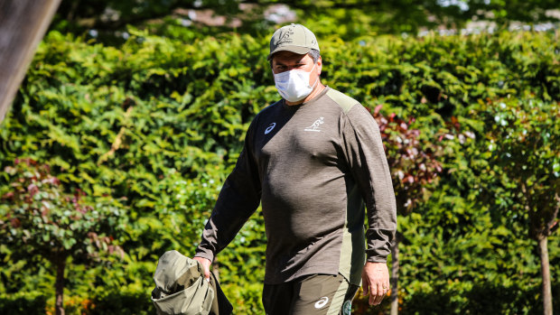 Wallabies coach Dave Rennie takes a stroll in the garden of the team's quarantine base in Christchurch.  