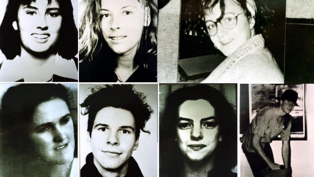 Milat's victims, pictured clockwise from top-left: Deborah Everest of Australia, Anja Habschied of Germany, Simone Schmidl of Germany, James Gibson of Australia, Caroline Clarke of the UK, Gabor Neugebauer of Germany and Joanne Walters of the UK.