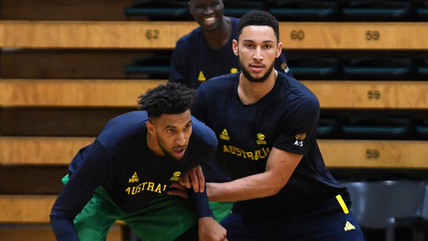 Ben Simmons (right) challenging Johan Bolden at Boomers training on Saturday.