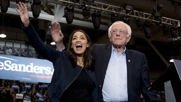 Democratic presidential candidate Bernie Sanders with congresswoman Alexandria Ocasio-Cortez in Durham, NH.