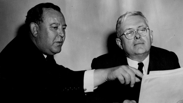 UN Secretary-General Trygve Lie and the elected UN President, Australia's Dr H.V. Evatt, at a UN meeting in Paris on October 7, 1948.