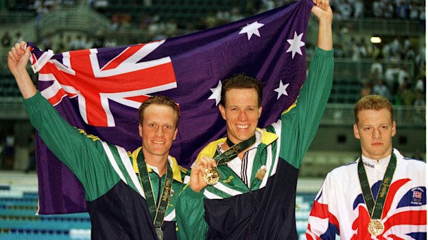 Kieren Perkins (centre) and Daniel Kowalski. 