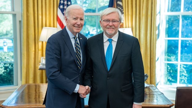 Biden with Kevin Rudd in the Oval Office in April last year.