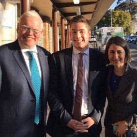 Jacob Sich (centre) pictured with Kiama MP Gareth Ward, who has since been appointed Minister for Family and Community Services, and Premier Gladys Berejiklian.