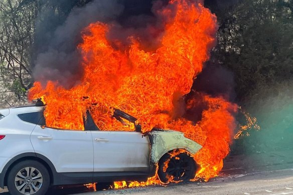 A car on fire on the M1 southbound just after Somersby on Tuesday.