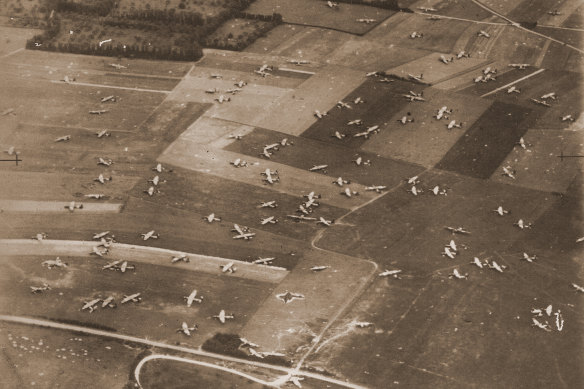 Gliders lie scattered on the fields of France after landing on D-Day.