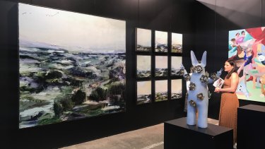 The Scott Livesey Gallery stand at Sydney Contemporary featuring works by Aaron Kinnane on the left.