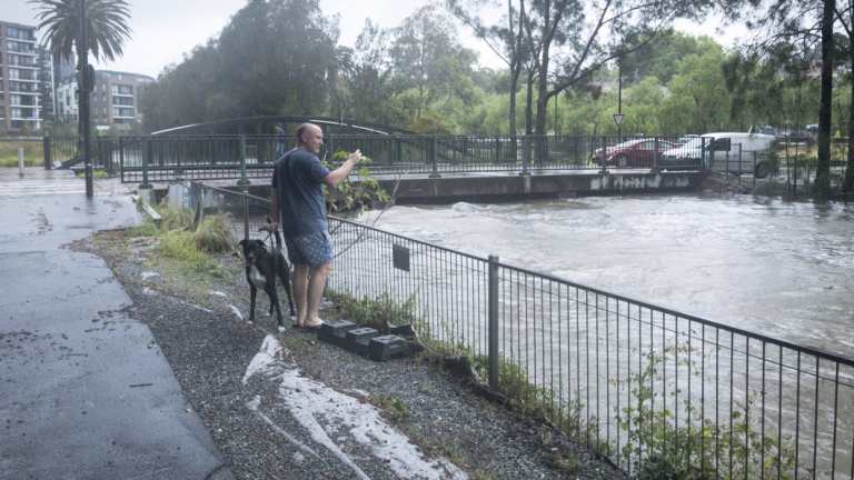 Johnson creek at Annandale floods as heavy rain hits Sydney.