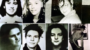 Milat's victims, pictured clockwise from top-left: Deborah Everest of Australia, Anja Habschied of Germany, Simone Schmidl of Germany, James Gibson of Australia, Caroline Clarke of the UK, Gabor Neugebauer of Germany and Joanne Walters of the UK.