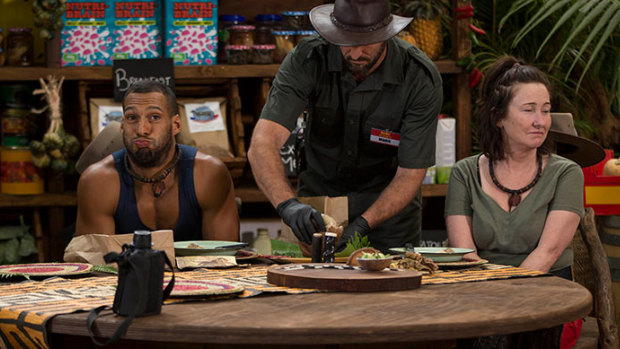 Josh Gibson and Fiona O'Loughlin gag over a plate of ostrich anus on I'm a Celebrity ... Get Me Out of Here.