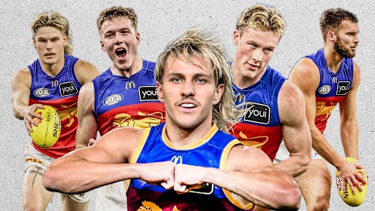 Brisbane Lions rising youngsters (from left to right): Will Ashcroft, Logan Morris, Kai Lohmann, Jaspa Fletcher, Darcy Wilmot.