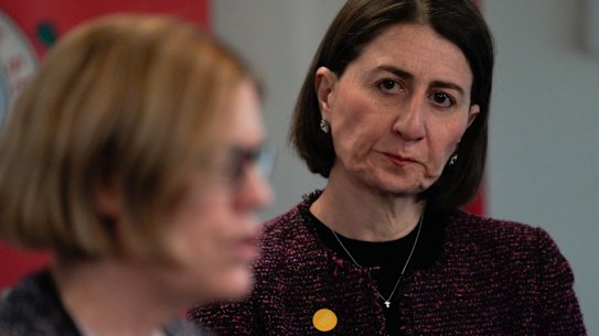 NEWS: NSW Premier Gladys Berejiklian listens as NSW Chief Health Officer Dr Kerry Chant provides an update on COVID-19. Coronavirus. 28th August 2020, Photo: Wolter Peeters, The Sydney Morning Herald. 