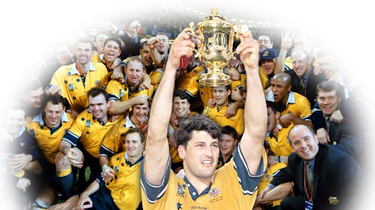The Wallabies following their victory over France in the 1999, Inset Captain John Eales Raises The William Webb Ellis Trophy