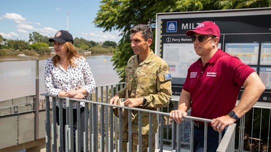 Premier Annastacia Palaszczuk, Major General Jake Ellwood, and Deputy Premier Steven Miles. 