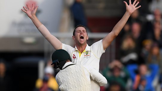 Josh Hazlewood claims the final wicket of Craig Overton to win the fourth Test to give the match – and the Ashes – to Australia.