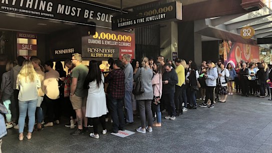 The crowd waiting to pick up a bargain at Rosendorff Diamond Jewellers in Perth.