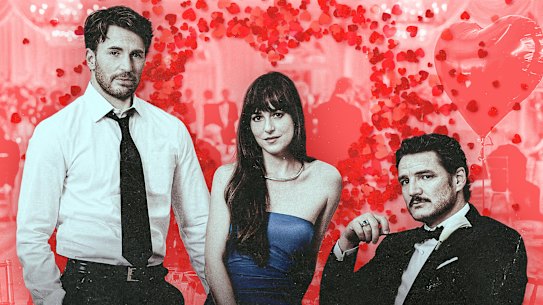 The Materialists, starring Dakota Johnson, Chris Evans (left) and Pedro Pascal, is about a tale as old as time: the love triangle.