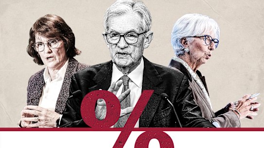 RBA governor Michele Bullock, Fed chairman Jerome Powell and European Central Bank chief Christine Lagarde.