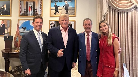 Australian Holly Valance and her husband Nick Candy (left) dined with former US President Donald Trump and conservative British politician Nigel Farage. Credit: Twitter