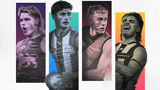 The Brisbane Lions’ Will Ashcroft, North Melbourne’s Harry Sheezel, Nate Caddy, of Essendon, and Hawthorn’s Nick Watson are among the emerging young stars of the AFL.