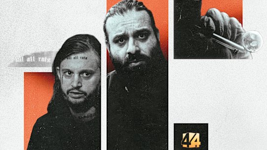 Artist Benjamin Aitken, left, was suspected by ABC staff of appearing as a meth cook, right, in a broadcast fronted by Mahmood Fazal, centre.