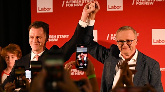 Labor leader Chris Minns with Prime Minister Anthony Albanese address party supporters at the election night function in Sydney’s Brighton-Le-Sands.