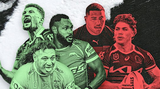 Queensland Maroons game three winners and losers. (From left to right): Gehamat Shibasaki, Josh Papalii, Hamiso Tabuai-Fidow, Moeaki Fotuaika, Reece Walsh.