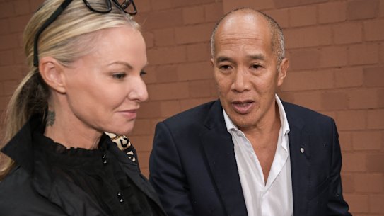 Neurosurgeon Charlie Teo and his partner Traci Griffiths outside the hearing this week.
