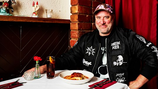 Joey Kellock sits down to a lasagne at his restaurant in Thornbury.