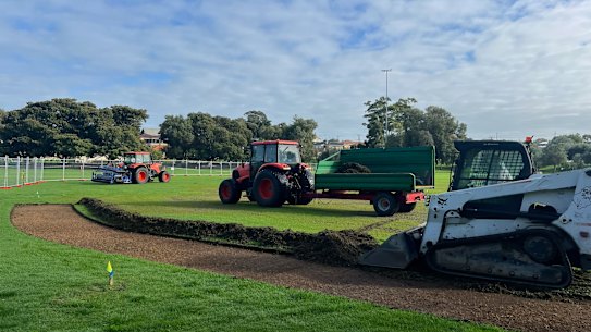 The turf is stripped at Bruce Lee Reserve in Beaconsfield following a sewage spill earlier this month.