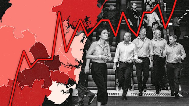 Some Sydney regions are being hit disproportionately hard amid weaker demand for employment.